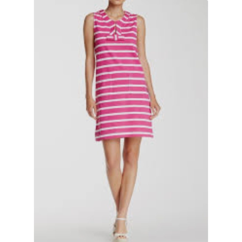Kate Spade Tropez Cotton Shift Dress Pink White Stripe Bow Accent Sleeveless